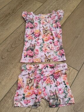 Girls Pink Floral Bunny Pajama Set